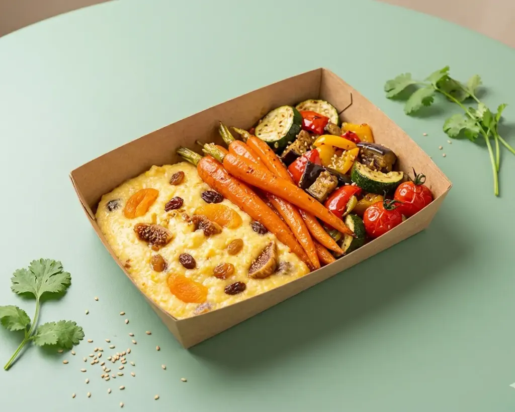 Confit végé aux carottes, polenta aux fruits secs et poélée de légumes du soleil