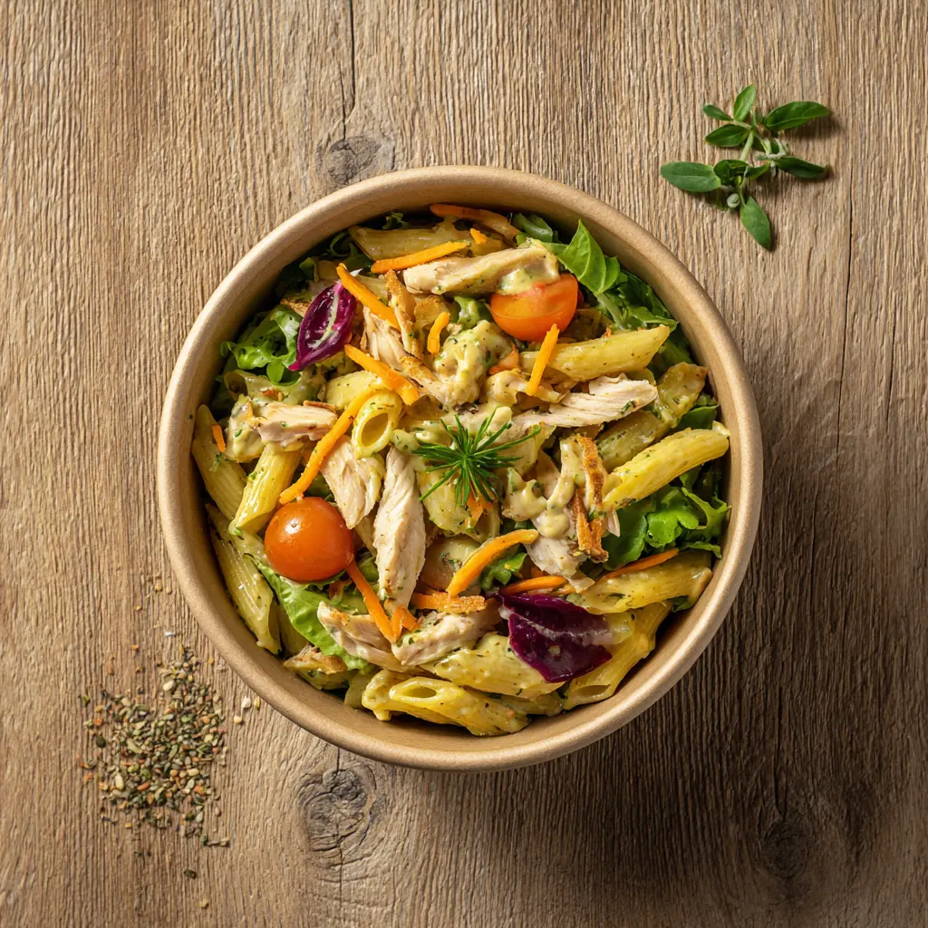 Fraich'Bol Dijonnais (Mini Penne, poulet, salade, carotte,tomate,oignons frits, sauce 2 moutardes)