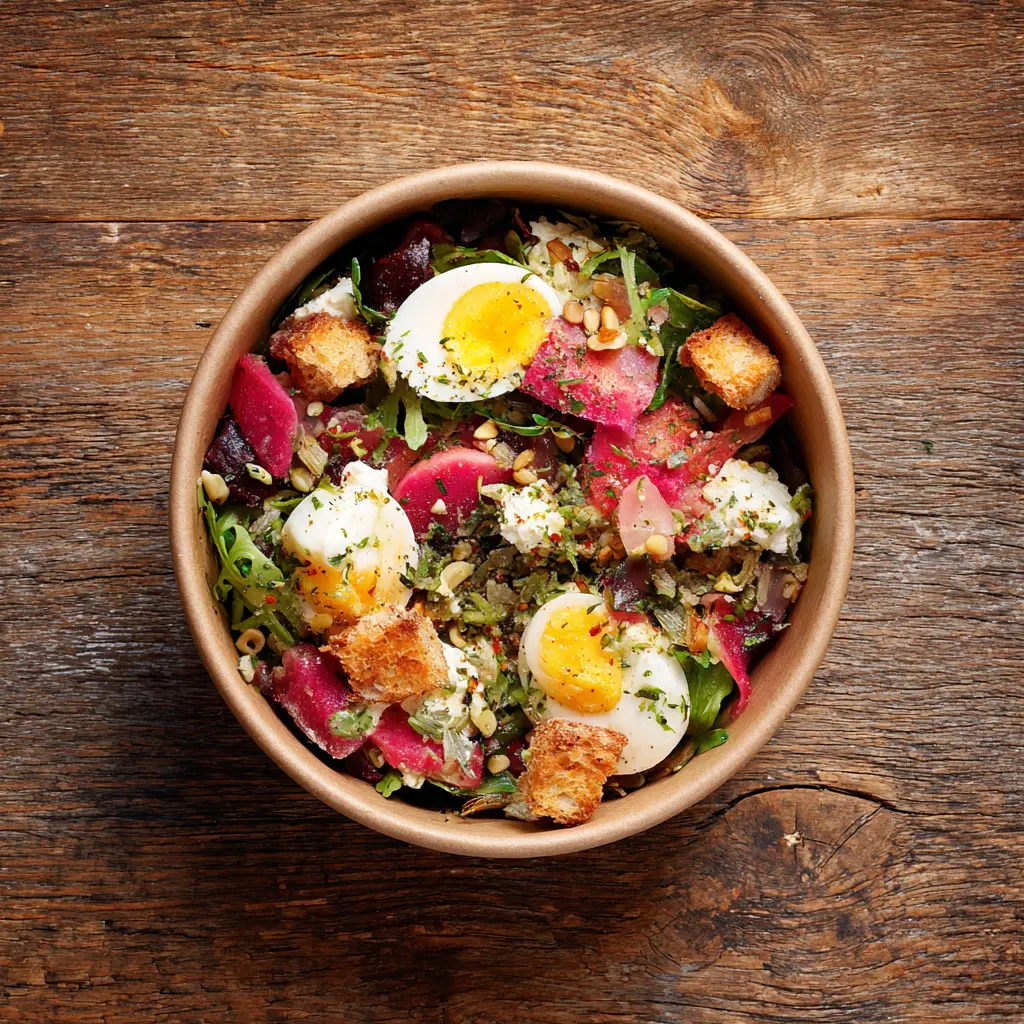 Fraich'Bol Lyonnais (Mini Serpentini, salade, tomate, lardon, croûtons, œuf poché), vinaigrette oignon persil