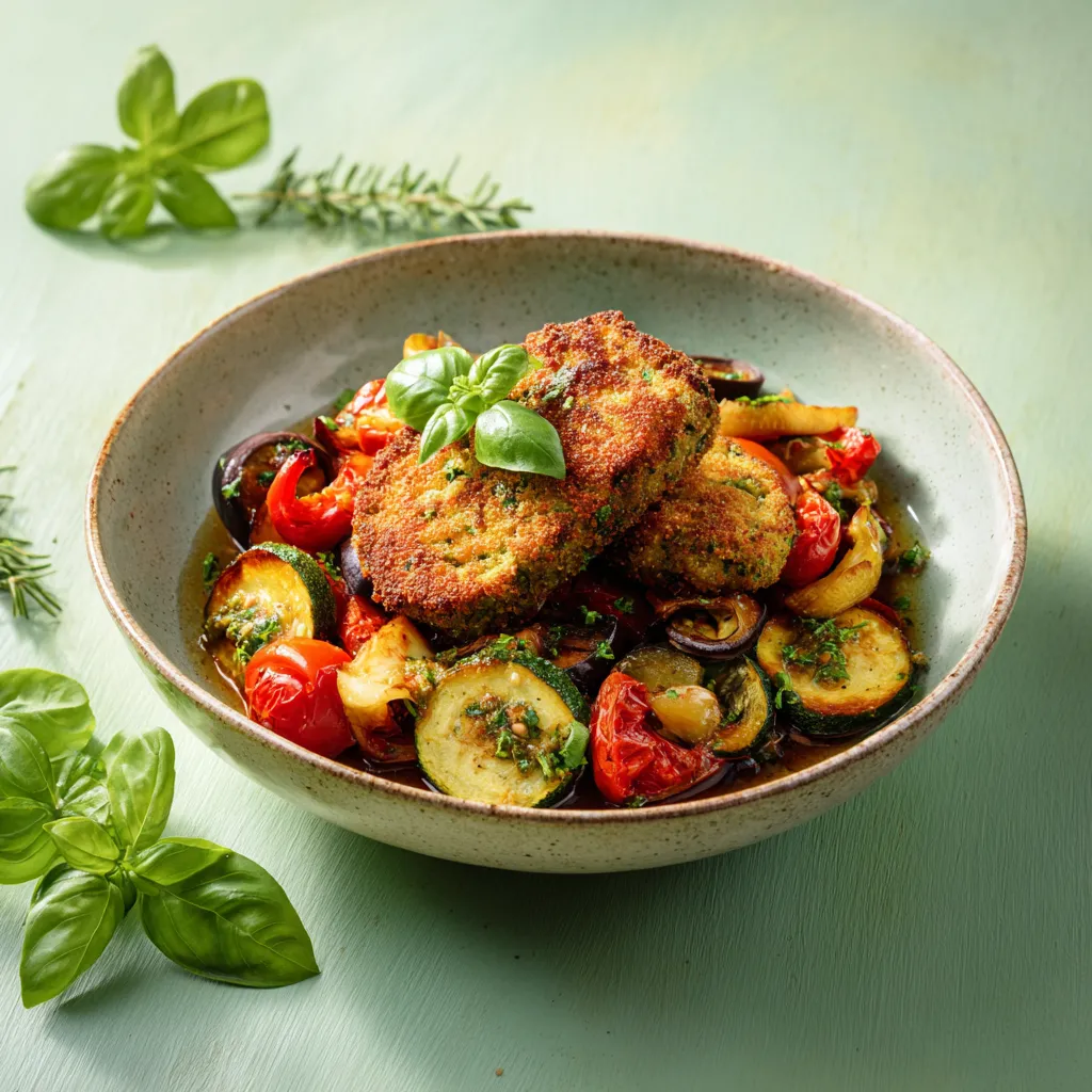 [2055] Pané végé au basilic et sa poelée de légumes provenceaux