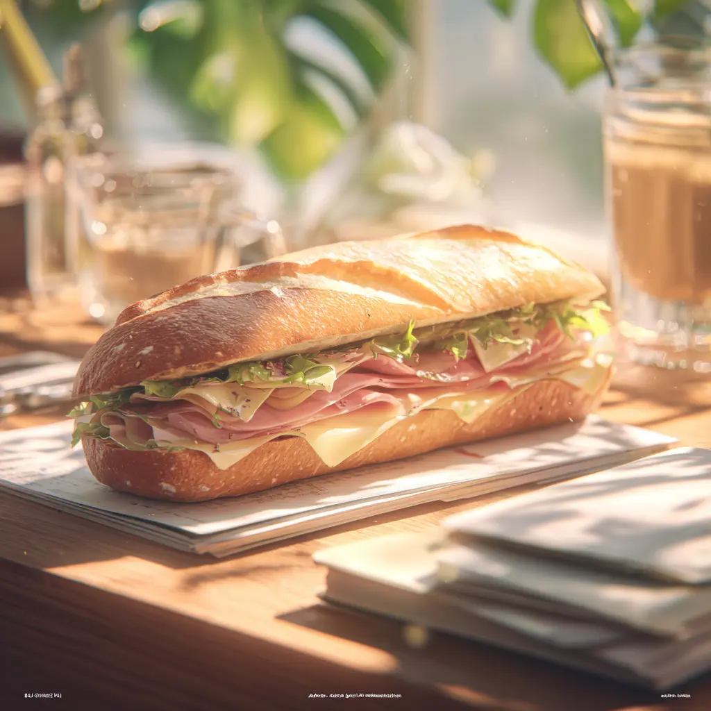 Pique -Mie "Le Londonien" (baguette sandwich, cheddar, jambon,salade, cornichon, mayonnaise) BIS