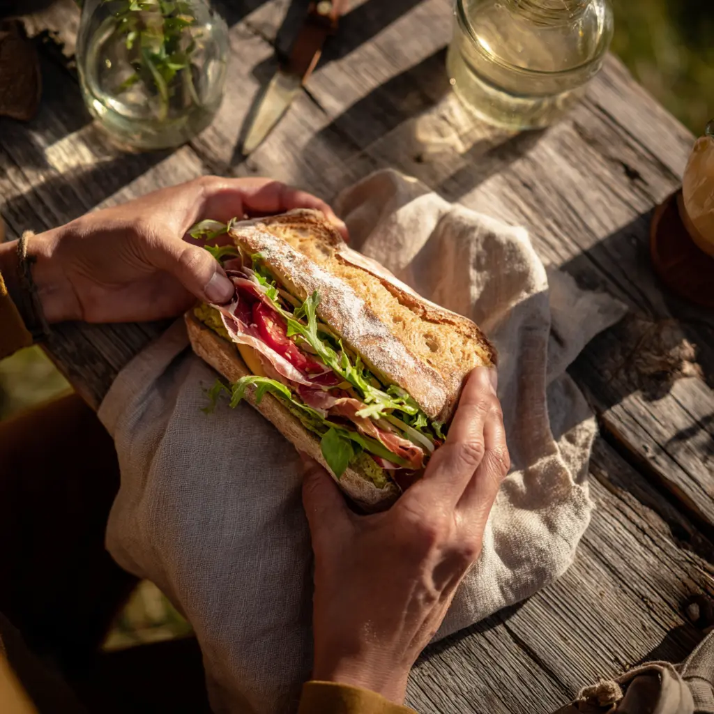 Pique -Mie Le Spain (Pain Pavot Sarrasin jambon Serrano tomate romaine et pesto rosso)