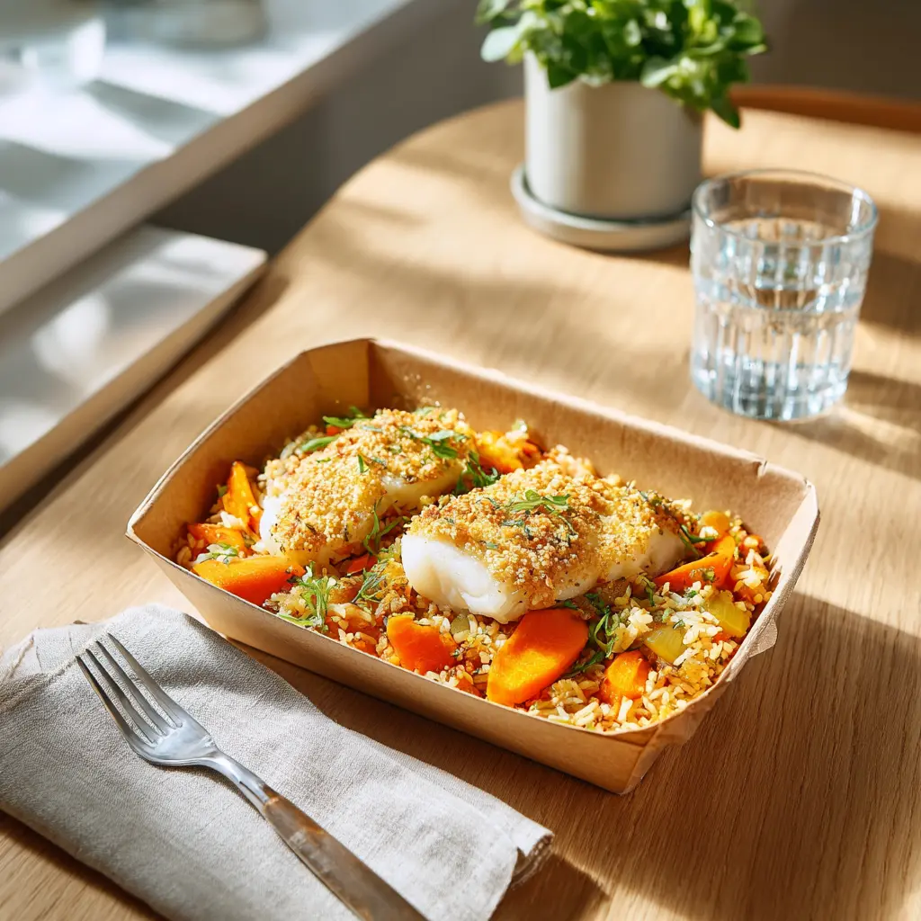 Colin en croûte de pain d'épices, carottes confites aux agrumes et riz pilaf